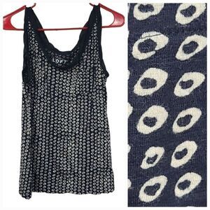 LOFT Ooh La La Twist Trim Tank Black Tan Circle Dots Sleeveless Top Small Tee